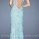 Ice Blue Lace Column Prom Gown with Sheer Back by La Femme 20121