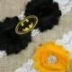 Batman Wedding Garter Set, Bridal Garter and Toss Garter Set, Super Hero Black and Yellow Chiffon Shabby Flower Garter Belt, Lace Garters