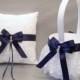Navy Blue Wedding Bridal, Flower Girl Basket and Ring Bearer Pillow Set on Ivory or White ~ Double Loop Bow & Hearts Charm ~ Allison Line