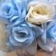 Free Shipping Wedding Bouquet Bridal Silk flower 17 pieces Package BLUE CREAM SILVER centerpieces RosesandDreams