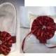 Ivory Flower Girl Basket and matching Ring Bearer Pillow with Apple Red Satin Trim and Rhinestone Mesh handle and Trim