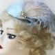 Weddings, Pale Blue Birdcage Veil, Bridal Hat, White Peacock, Feather Fascinator, Pearl, Crystal Center - Batcakes Couture