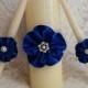 Ivory Wedding Unity Candle set with handmade Royal Blue Flower and Rhinestone Mesh Trim, Made to Order