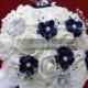 Navy blue and silver small wedding bouquet for bridesmaids or maid of honor white roses and pearl flowers