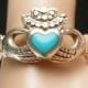 Sterling IRISH Claddagh Ring Vintage Ireland Celtic Turquoise Heart Love Loyalty Friendship Jewelry size 8 1/2 11th wedding anniversary