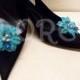 Turquoise Something Blue Camellia Bridal Shoe Clips w Pearls Crystals