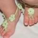 Crochet Baby Barefoot Sandals,LIGHT GREEN FLOWER girl sandals,children sandals,beach birthday accessory,flower girl shoe,wedding accessories