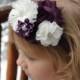 Ivory purple headband ivory chiffon flower, 2 plum shabbys, cream chiffon on plum Elastic Headband Baby toddler teen womens wedding flower