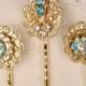 OOAK Vintage Turquoise Blue Rhinestone Gold Bridal Hair Pins, Keepsake Aqua Clip Set 3, Bridesmaids Gift Wedding Hair Accessories Headpiece