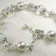 Pearl Crystal and Rhinestone Bracelet, Clear White Swarovski, Sterling Silver, Bride Accessory Bridal Wedding Handmade Jewelry June Birthday