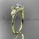 14kt yellow gold diamond leaf wedding ring, engagement ring with a "Forever Brilliant" Moissanite center stone ADLR334