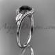 14kt white gold diamond leaf wedding ring, engagement ring with a Black Diamond center stone ADLR334