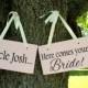 6" x 10" Wooden Wedding Sign: 2pc Set Double sided - Uncle, here comes your bride & Mr. / Mrs.