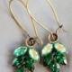 Emerald Green Swarovski  Rhinestone Leaf Brass Earrings, Something Blue,Wedding,Bridal, Bridesmaid Gift