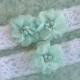 Wedding Garter , Garter Set with Toss Garter in soft Green, Bridal Garter with Chiffon Blossoms pearls and rhinestones