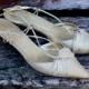 Vintage Gold Wedding Shoes by Nina. Kitten Heel. Sparkly. Classic. Short Heel.Wedding Slipper. Slip Ons. Leather Strappy Shoes. Size 8. Sexy
