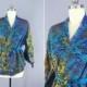 Silk Kimono Cardigan / Kimono Jacket / Vintage Indian Sari / Short Robe Dressing Gown Wedding / Boho Bohemian Aqua Blue Palm Floral