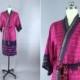 Silk Robe / Silk Sari Robe / Silk Kimono Robe / Vintage Indian Sari / Silk Dressing Gown Wedding Lingerie / Boho Bohemian / Navy & Pink Ikat