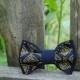 Embroidered navy blue men's bow tie Navy bowtie pre tied Gold yarn Wedding's bow tie Groomsman bow tie Cross-stitch Boho Free shipping