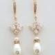 Rose Gold Pearl Drop Wedding Earrings Cubic Zirconia Bridal Earrings Swarovski Pearls Crystal Wedding Jewelry