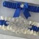 Wedding Garter Set in Royal Blue and Ivory Garters with Crystal Rhinestone Applique