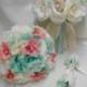 Wedding Silk Flower Bridal Bouquet 18 pieces Package Ivory Mint Rose Coral mini orchids Bride Bridesmaid Boutonniere Corsages