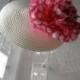 Pink Polka Dot Flower White Straw Fascinator Hat with Veil and Beaded Headband, for weddings, parties, special occasions