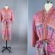 Chiffon Robe / Sari Robe Kimono / Vintage Indian Sari / Dressing Gown Wedding Lingerie / Boho Bohemian / Coral Pink Green