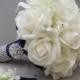 Reserved - Navy White Wedding Flower Package Bridal Bouquet Stephanotis Real Touch Roses Calla Lily Groom's Boutonniere Parents' Flowers