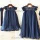 On Sale Navy Blue Chiffon Lace Flower Girl Dress Cap Sleeves Kids Children Dress Junior Bridesmaid Dress for Wedding Party