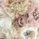 Brooch Bouquet Vintage-Style In Ivory, Champagne, Blush And Dusty Rose With Feathers, Lace And Pearls