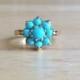 Antique 9ct Yellow Gold Blue Turquoise Stone Cluster Ring - Size 7 1/4 Sizeable Alternative Engagement / Wedding Vintage Floral Jewelry