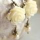 Ivory Cream Rose Earrings Flower Earrings Pearl Drop Floral Dangle Earrings Leverback Earrings Nickel Free Romantic Wedding Jewelry