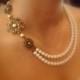 Vintage style bridal necklace, wedding jewelry with Swarovski ivory pearls, golden shadow crystals, wedding necklace, antique brass necklace
