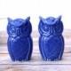 Owl Figurines, Handmade Owl Cake Toppers in Indigo Blue.  Handmade owls, great wedding cake toppers, vintage design owls.  In stock now!