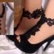 Pair of Black Flower Lace Barefoot Sandal Ankle Glams, Barefoot Sandals, Beach Wedding Sandals, Bottomless Sandals, Bridesmaid Sandals SALE