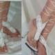 Beautiful And Sexy White Flower Lace Barefoot Sandals, Ankle Glams, Beach Bride Sandals, Wedding Sandals, Lace Up The Leg Bottomless Sandals