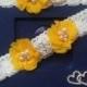 Wedding leg garter, Wedding accessoaries, Bridal accessoary, Yellow wedding garter, Chiffon Flower Rhinestone Lace Garters