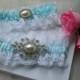 Wedding Garter Set, White Chantilly Lace aND Tiffany Blue Satin With Rhinestone And Pearl Applique