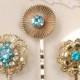 OOAK Vintage Teal Blue Rhinestone Gold Bridal Hair Pins, Aqua Clip Set 3 Bridesmaids Gift, Turquoise Wedding Hair Accessories Headpiece