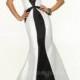 Floor Length White and Black Mori Lee 97140 Satin Prom Dresses