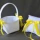 White Lace Wedding Ring Pillow and Flower Girl Basket Set with yellow satin ribbon bows