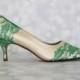 Wedding Shoes -- Champange Pump Wedding Shoes with Emerald Lace Heel and Toe Cap