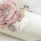 Clutch, Handbag, Purse, Wedding, Bridal, Mother of the Brie, Blush, Ivory, Tan, Beige, Champagne, Pearls, Crystals, Ostrich Feathers, Brooch