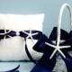 Beach Wedding White Linen Ring Bearer Pillow & Basket wwith Starfish - 7 Ribbon Choices