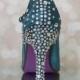 Wedding Shoes -- Dark Turquoise Peep Toe Mary Jane Wedding Shoes with Silver Crystal Starburst Heel and Purple Painted Sole - New