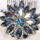 Bridal Hair Comb or Sash Brooch Sapphire Blue Rhinestone Silver Flower Pin or HeadPiece Navy Crystal Vintage Wedding Hair Accessory Haircomb