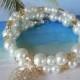 White pearl sand dollar memory wire beach wedding bracelet coastal jewelry pearl wrap