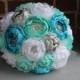 Heirloom brooch bouquet. Fabric peony flowers in turquoise, Tiffany blue, silver and white. SAMPLE SALE