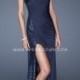 Navy Long One Shoulder Side Slit Formal Dress by La Femme 19428